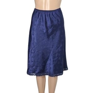 Vintage Linda For Eaton Blue Printed Lace Half Slip Women 80s Silky Skirt Size M